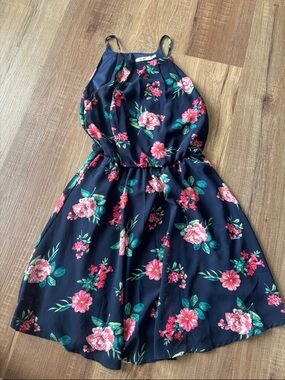 Mi Ami Navy Floral Halter Dress with Pink & Green Blooms